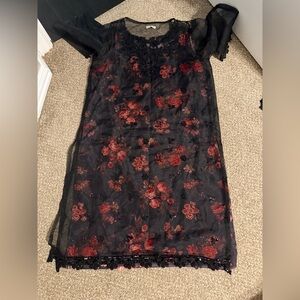 Black Floral Sleeveless Dress with Red Bouquet Print